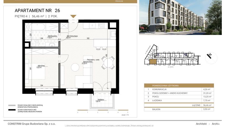 Rzut - Mieszkanie na sprzedaż 3 pokoje o powierzchni 56,46 m² - numer 26 w Czysta Premium
