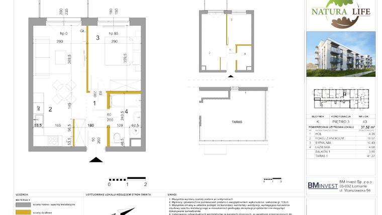 Rzut - Mieszkanie na sprzedaż 2 pokoje o powierzchni 37,61 m² - numer K43 w Osiedle Natura Life budynki JK