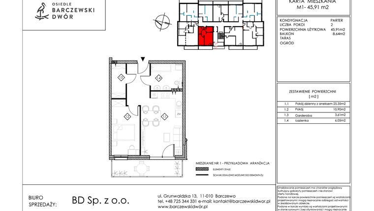 Rzut - Mieszkanie na sprzedaż 2 pokoje o powierzchni 45,91 m² - numer M1 w Osiedle Barczewski Dwór etap III