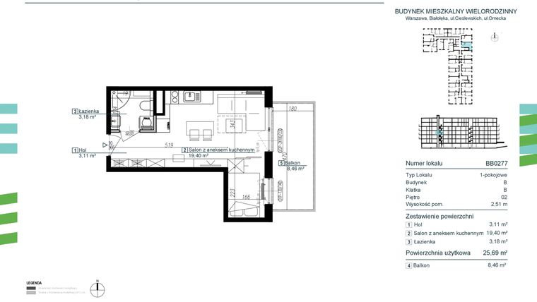 Rzut - Mieszkanie na sprzedaż 1 pokój o powierzchni 25,69 m² - numer BB0277 w Orneko