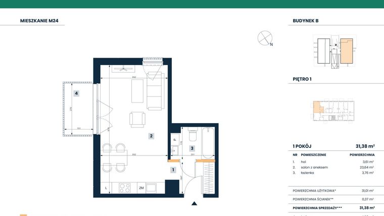 Rzut - Mieszkanie na sprzedaż 1 pokój o powierzchni 31,01 m² - numer M24 w Reneta
