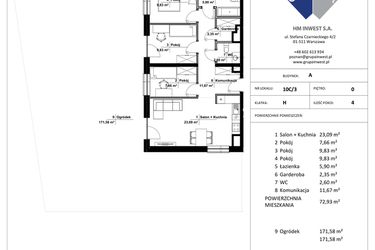 Rzut - Mieszkanie na sprzedaż 4 pokoje o powierzchni 72,93 m² - numer 10C/3 w Jasielska 8C etap II
