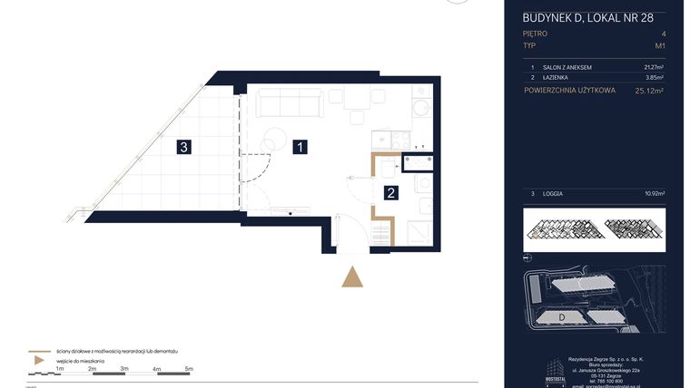 Rzut - Mieszkanie na sprzedaż 1 pokój o powierzchni 25,12 m² - numer D28 w Rezydencja Zegrze etap III