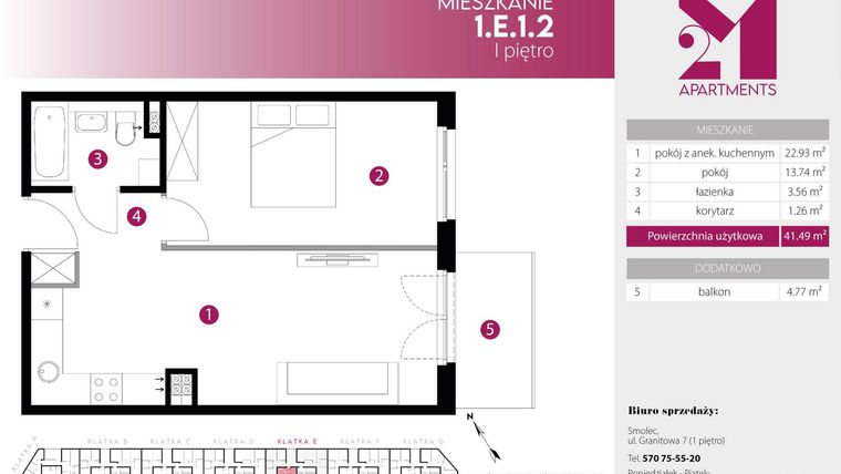 Rzut - Mieszkanie na sprzedaż 2 pokoje o powierzchni 41,49 m² - numer 1.E.1.2 w 2M Apartments etap IV