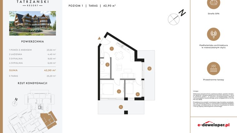 Rzut - Mieszkanie na sprzedaż 3 pokoje o powierzchni 42,99 m² - numer A11 w Tatrzański Resort