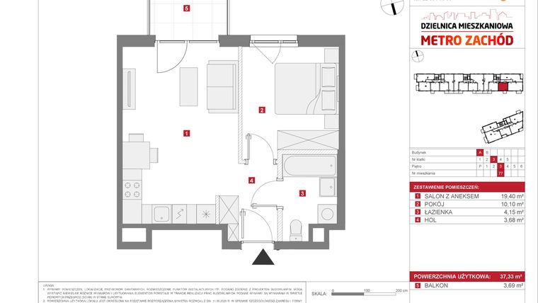 Rzut - Mieszkanie na sprzedaż 2 pokoje o powierzchni 37,33 m² - numer 13.1.A.77 w Dzielnica Mieszkaniowa Metro Zachód - etap 13