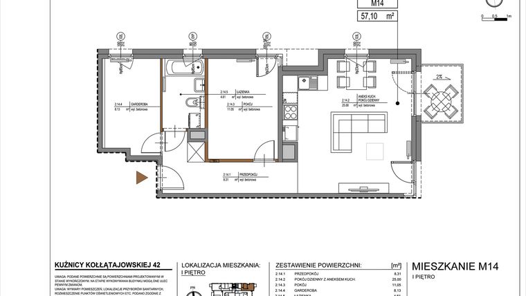 Rzut - Mieszkanie na sprzedaż 3 pokoje o powierzchni 57,1 m² - numer M14 w Kuźnicy Kołłątajowskiej 42
