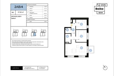 Rzut - Mieszkanie na sprzedaż 3 pokoje o powierzchni 57,63 m² - numer 2AB/4 w Osiedle Bolko etap II