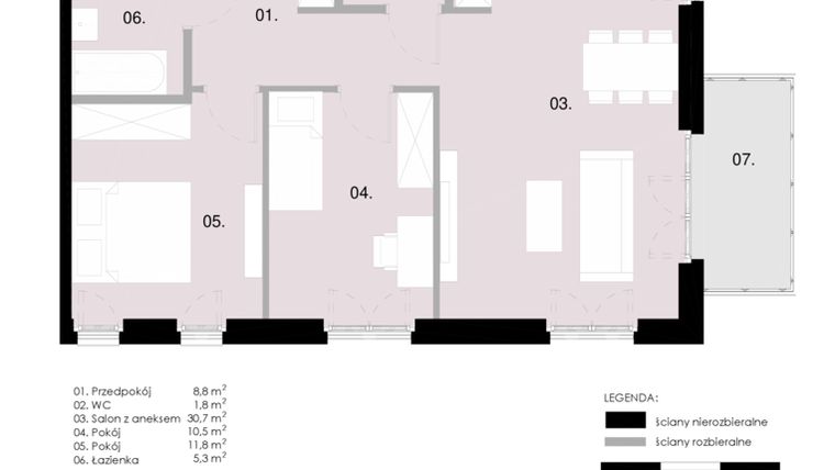 Rzut - Mieszkanie na sprzedaż 3 pokoje o powierzchni 68,85 m² - numer M2.01 w Wola Vert