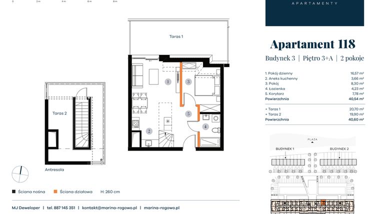 Rzut - Mieszkanie na sprzedaż 2 pokoje o powierzchni 40,54 m² - numer 118 w Apartamenty Marina Rogowo