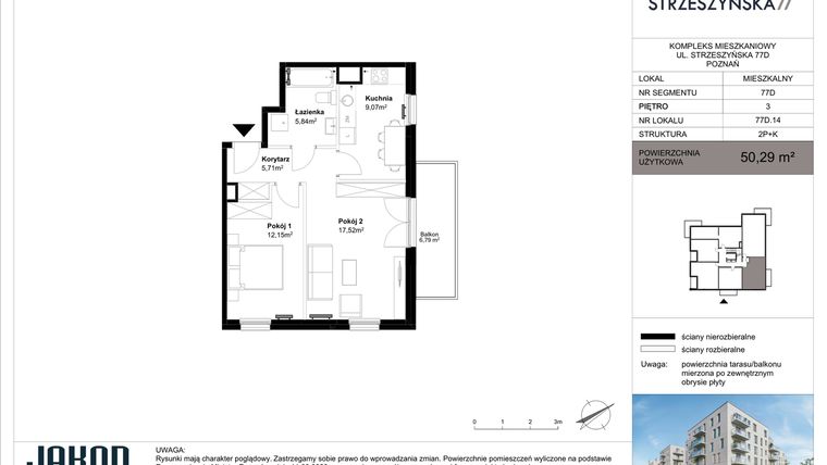 Rzut - Mieszkanie na sprzedaż 2 pokoje o powierzchni 50,29 m² - numer 77D.14 w Strzeszyńska 77
