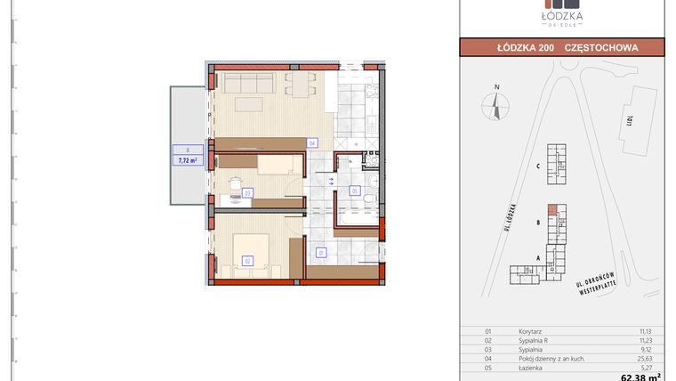 Rzut - Mieszkanie na sprzedaż 3 pokoje o powierzchni 62,67 m² - numer B.M.16 w Łódzka Osiedle