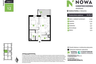 Rzut - Mieszkanie na sprzedaż 2 pokoje o powierzchni 43,38 m² - numer D12 w Nowa Częstochowa Małopolska etap II