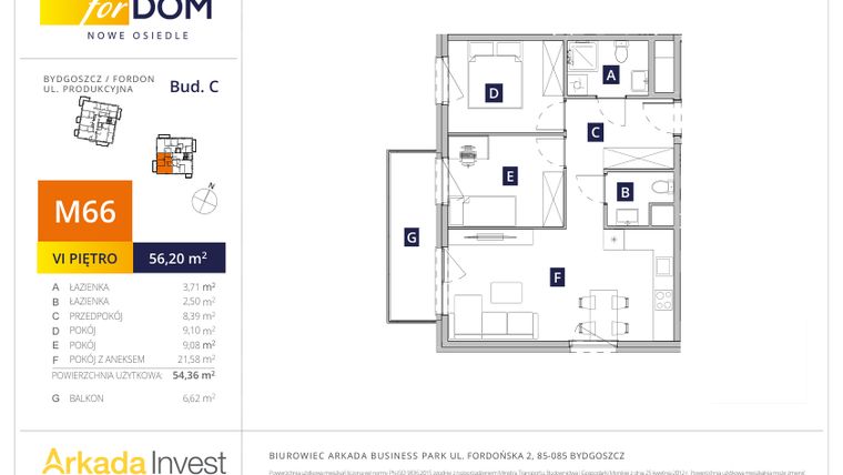 Rzut - Mieszkanie na sprzedaż 3 pokoje o powierzchni 56,2 m² - numer C66 w Osiedle forDOM – etap C