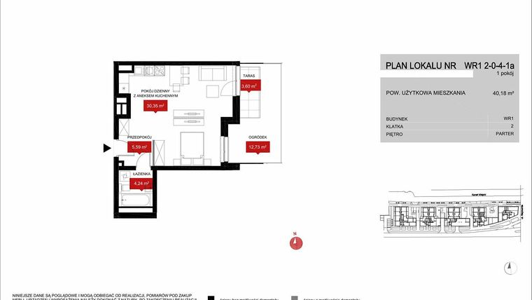 Rzut - Mieszkanie na sprzedaż 1 pokój o powierzchni 40,18 m² - numer WR1 2/0/4/1a w Przystań Reymonta