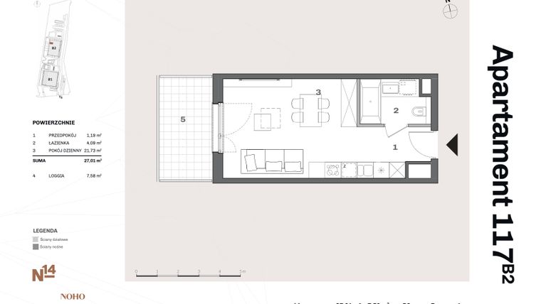 Rzut - Mieszkanie na sprzedaż 1 pokój o powierzchni 27,07 m² - numer B2.117 w Nadgórników 14