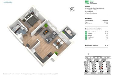 Rzut - Mieszkanie na sprzedaż 2 pokoje o powierzchni 45,37 m² - numer J23 w Nowe Żerniki Bieńkowskiego etap II