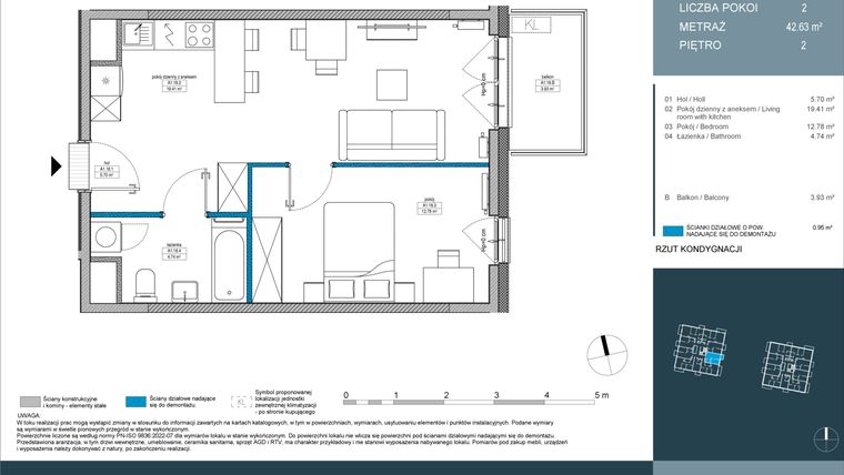 Rzut - Mieszkanie na sprzedaż 2 pokoje o powierzchni 42,63 m² - numer 18 w Nordic Górka Narodowa