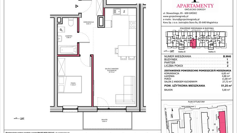 Rzut - Mieszkanie na sprzedaż 2 pokoje o powierzchni 51,25 m² - numer B.46 w Apartamenty Grójeckie Ogrody