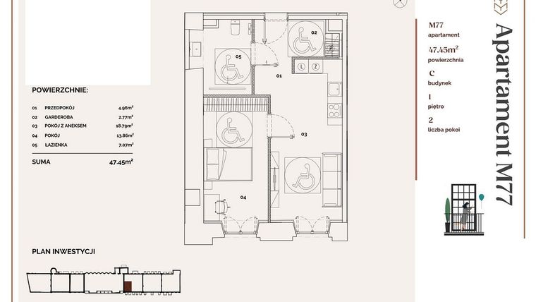Rzut - Mieszkanie na sprzedaż 2 pokoje o powierzchni 47,45 m² - numer C.77 w Młyny Mogilska