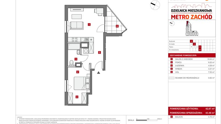 Rzut - Mieszkanie na sprzedaż 2 pokoje o powierzchni 43,49 m² - numer A.43 w Dzielnica Mieszkaniowa Metro Zachód - etap 6