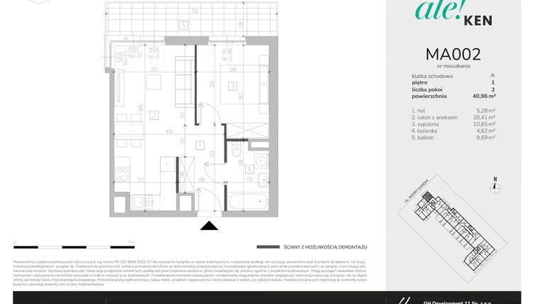 Rzut - Mieszkanie na sprzedaż 2 pokoje o powierzchni 40,96 m² - numer MA002 w Ale!Ken