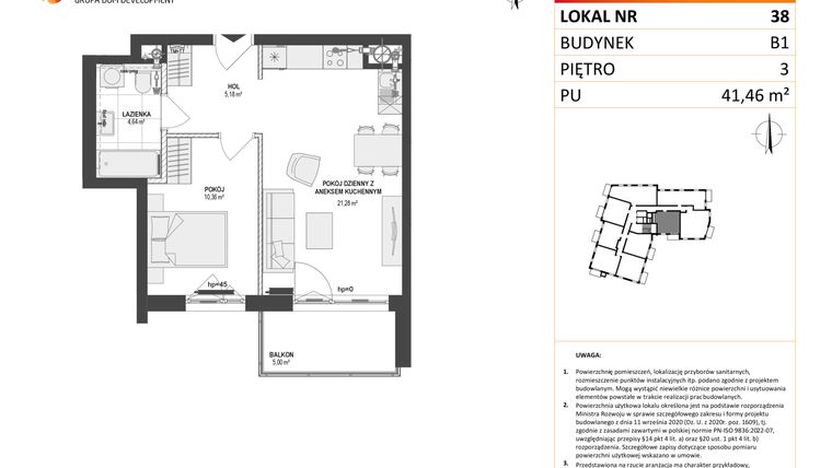 Rzut - Mieszkanie na sprzedaż 2 pokoje o powierzchni 41,42 m² - numer 38 w Leśna Góra