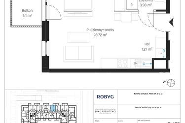 Rzut - Mieszkanie na sprzedaż 1 pokój o powierzchni 33,98 m² - numer J.2M22 w Nadmotławie Apartments etap J