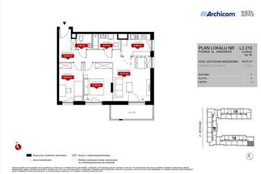 Rzut - Mieszkanie na sprzedaż 3 pokoje o powierzchni 64,87 m² - numer L3.210 w Wieża Jeżyce etap VI