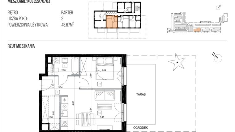 Rzut - Mieszkanie na sprzedaż 2 pokoje o powierzchni 43,9 m² - numer 22A/3 w Osiedle Naturama