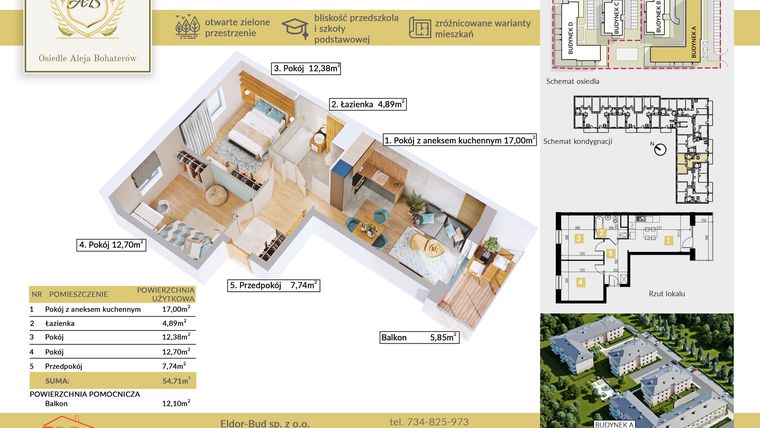 Rzut - Mieszkanie na sprzedaż 3 pokoje o powierzchni 54,71 m² - numer A.22 w Aleja Bohaterów
