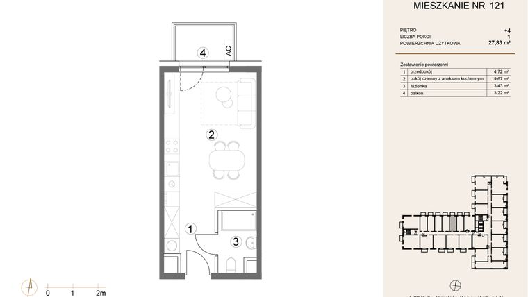 Rzut - Mieszkanie na sprzedaż 1 pokój o powierzchni 27,83 m² - numer 121 w Waterlane Vibe