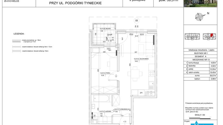 Rzut - Mieszkanie na sprzedaż 2 pokoje o powierzchni 39,57 m² - numer A13 w Podgórki Tynieckie