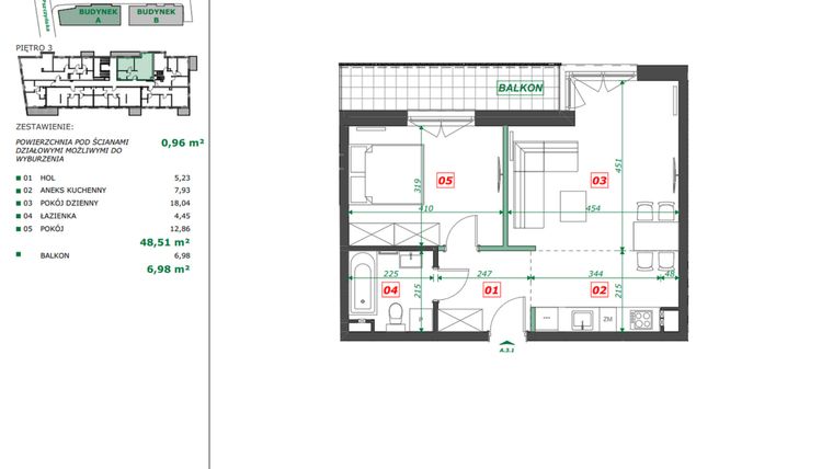 Rzut - Mieszkanie na sprzedaż 2 pokoje o powierzchni 49,47 m² - numer A.3.1 w Apartamenty Pszczyńska