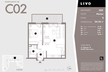 Rzut - Mieszkanie na sprzedaż 2 pokoje o powierzchni 54,33 m² - numer C02 w Livo