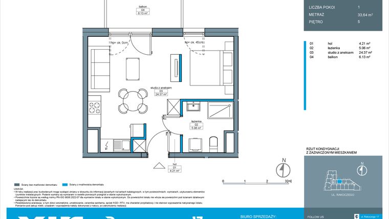 Rzut - Mieszkanie na sprzedaż 1 pokój o powierzchni 33,64 m² - numer A.5.1 w Rakoczego 17