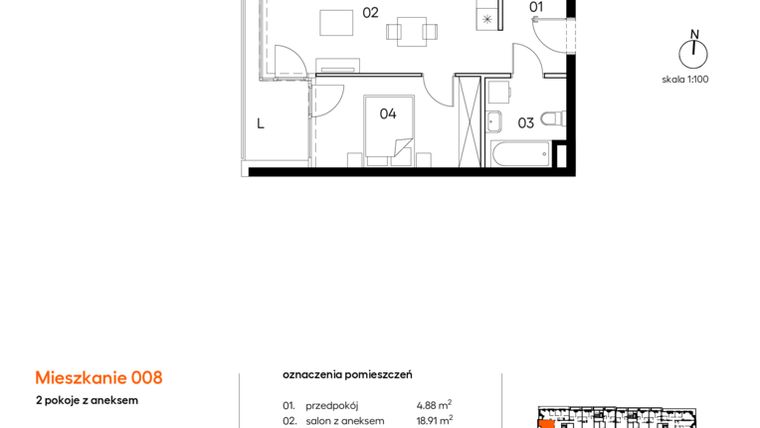 Rzut - Mieszkanie na sprzedaż 2 pokoje o powierzchni 40,22 m² - numer A.A008 w Miasto Polskich Mistrzów Olimpijskich II