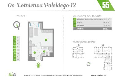 Rzut - Mieszkanie na sprzedaż 1 pokój o powierzchni 24,11 m² - numer 55 w Os. Lotnictwa Polskiego 12