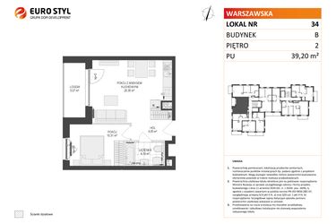 Rzut - Mieszkanie na sprzedaż 2 pokoje o powierzchni 39,2 m² - numer B.34 w Osiedle Warszawska etap III