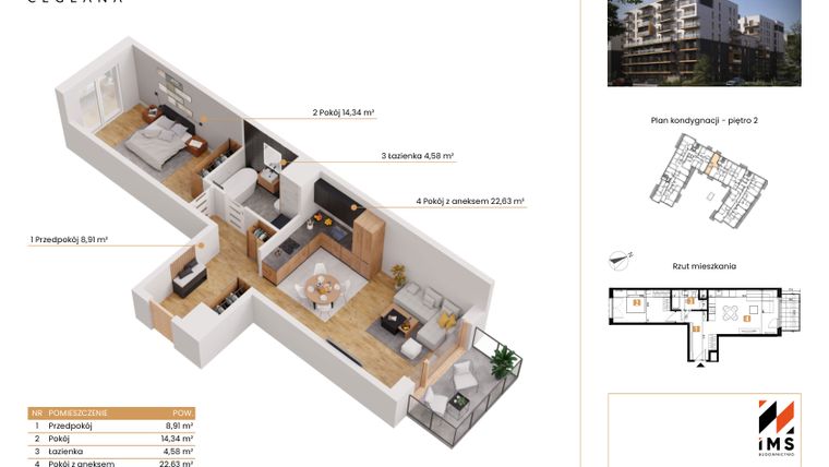 Rzut - Mieszkanie na sprzedaż 2 pokoje o powierzchni 50,31 m² - numer B.2.3 w Rondo Ceglana etap II