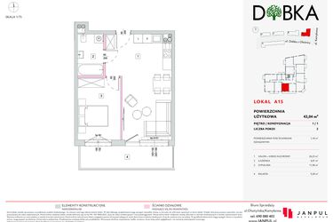Rzut - Mieszkanie na sprzedaż 2 pokoje o powierzchni 43,04 m² - numer A15 w Dobka