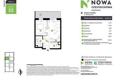 Rzut - Mieszkanie na sprzedaż 2 pokoje o powierzchni 43,62 m² - numer D22 w Nowa Częstochowa Małopolska etap II