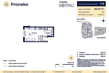 Rzut - Mieszkanie na sprzedaż 1 pokój o powierzchni 26,19 m² - numer C18 w Osiedle Kompas
