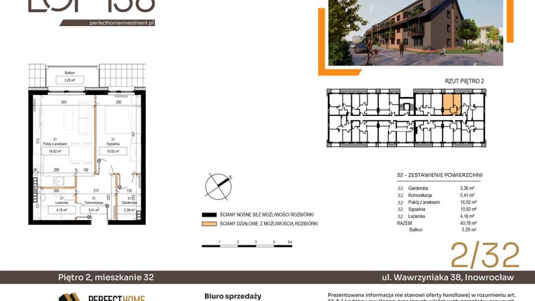Rzut - Mieszkanie na sprzedaż 2 pokoje o powierzchni 40,32 m² - numer 2/32 w Loft 38