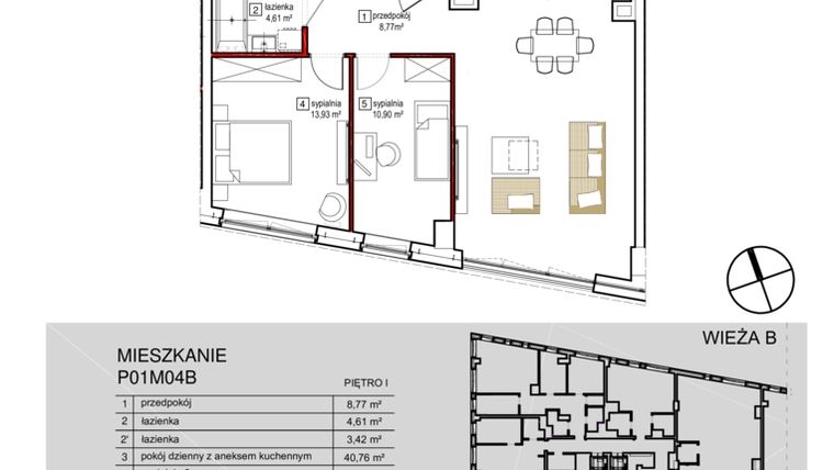 Rzut - Mieszkanie na sprzedaż 3 pokoje o powierzchni 87,15 m² - numer 4B w Sokolska 30 Towers