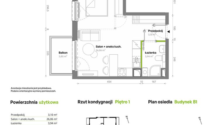 Rzut - Mieszkanie na sprzedaż 1 pokój o powierzchni 33,1 m² - numer B1.01.10 w Południe Vita