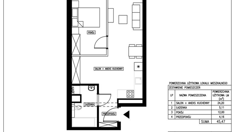 Rzut - Mieszkanie na sprzedaż 2 pokoje o powierzchni 45,47 m² - numer 10 w Nowa Kurkowa