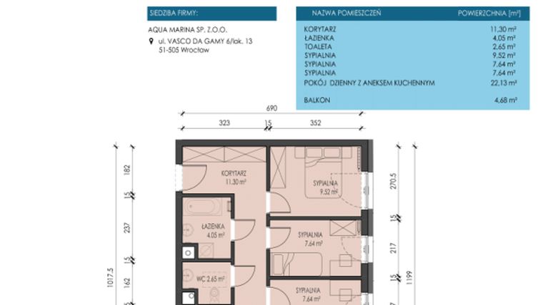 Rzut - Mieszkanie na sprzedaż 4 pokoje o powierzchni 64,93 m² - numer A07 w Apartamenty Aqua Marina
