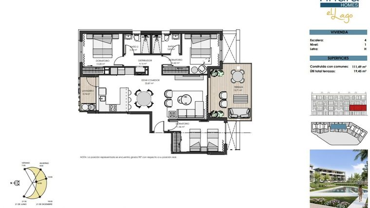 Rzut - Mieszkanie na sprzedaż 3 pokoje o powierzchni 111 m² - numer 1H w Tindra Homes el Lago