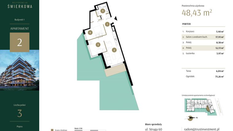 Rzut - Mieszkanie na sprzedaż 2 pokoje o powierzchni 48,43 m² - numer 2 w Rezydencja Świerkowa